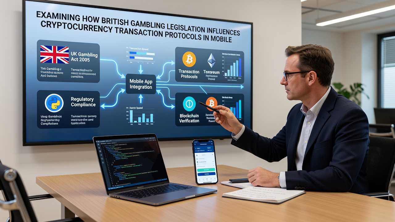 Blockchain network visualization overlaid on a mobile device showing transaction protocol adjustments for regulatory compliance