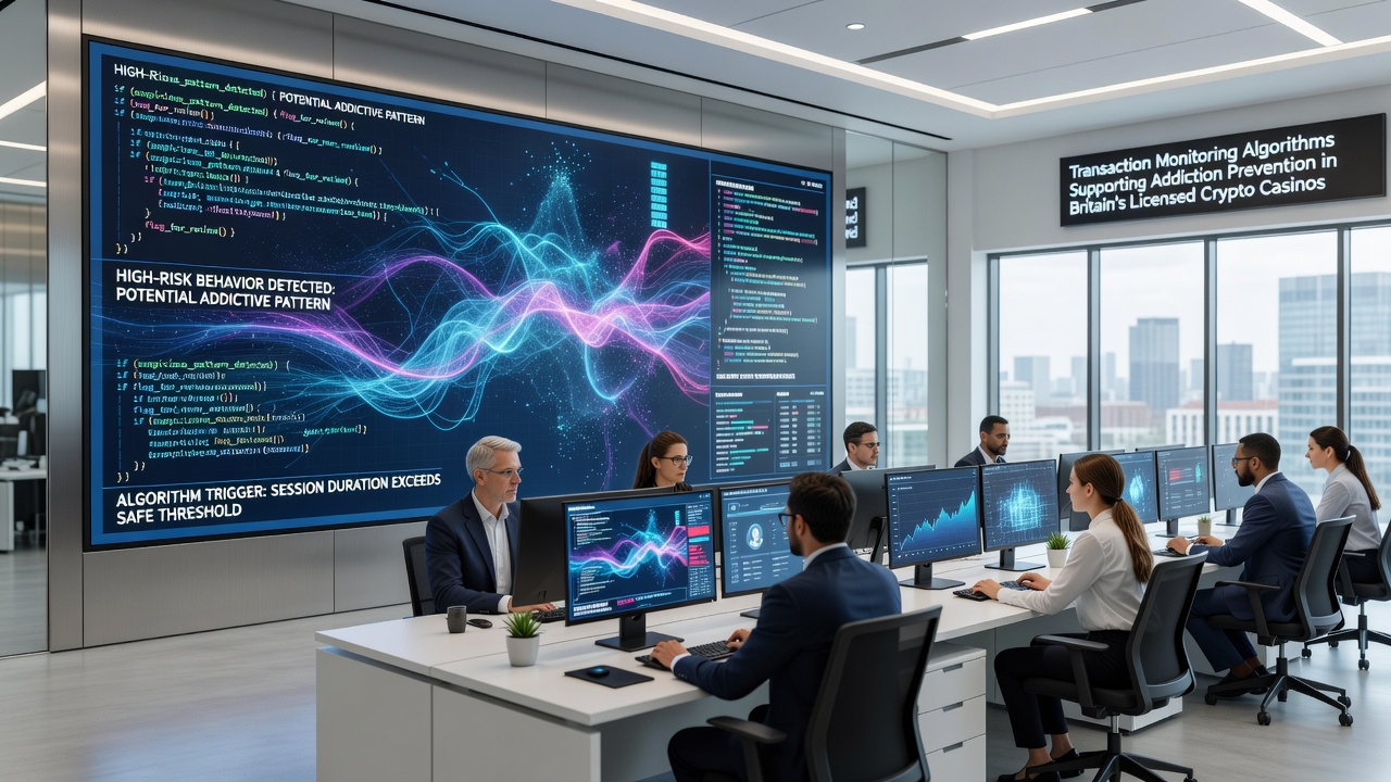 Analytics team reviewing flagged crypto transactions for responsible gambling interventions
