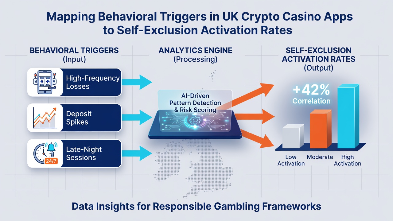 Analytical dashboard displaying correlation between user behavior triggers and self-exclusion activations over time