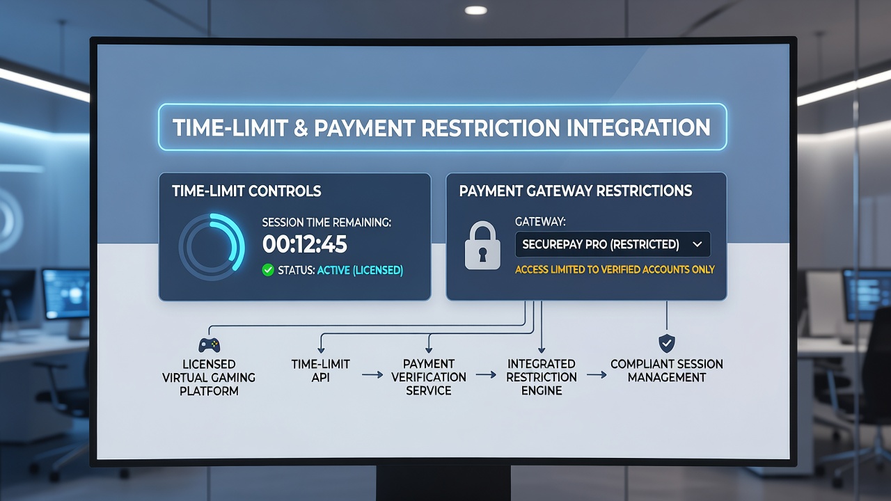 Backend architecture diagram illustrating API connections between time tracking modules and payment gateway restrictions in gaming applications
